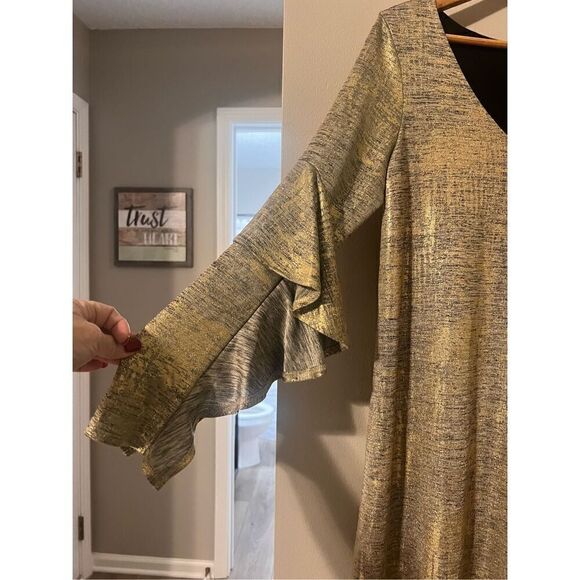 Gibson Latimer S Ruffle Statement Sleeve Cocktail Mini Dress Gold Metallic Party - Picture 4 of 10